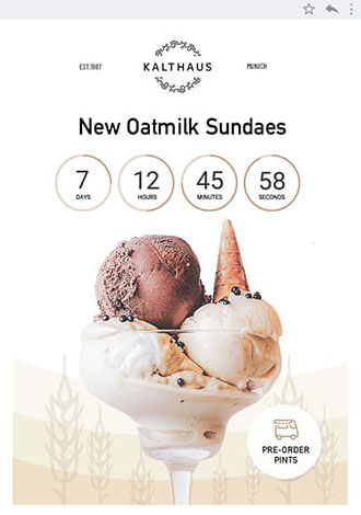 product realese email example, with text: Kalthaus. New oatmilk sundaes. Pre-order pints